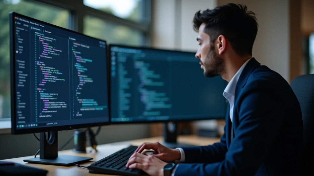 Code editor showing CSS media queries and mobile-first breakpoints, multiple monitors in tech workspace, afternoon lighting, clean professional setup, sharp focus, no text overlays