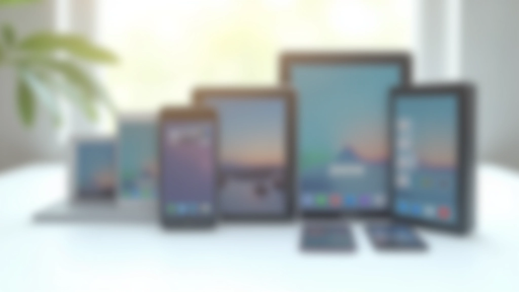 Collection of different smartphones and tablets displayed side by side showing various screen sizes, realistic devices on white table, morning light from window, crisp focus, no text or watermarks