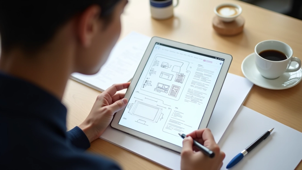 Designer working on responsive layout wireframes showing progression from mobile to desktop viewports