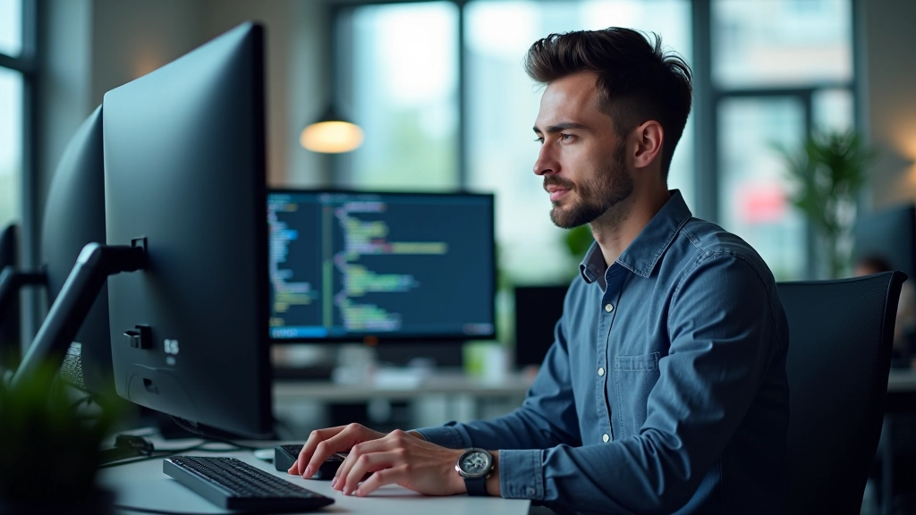 Developer reviewing layout code on multiple monitors showing CSS grid structure