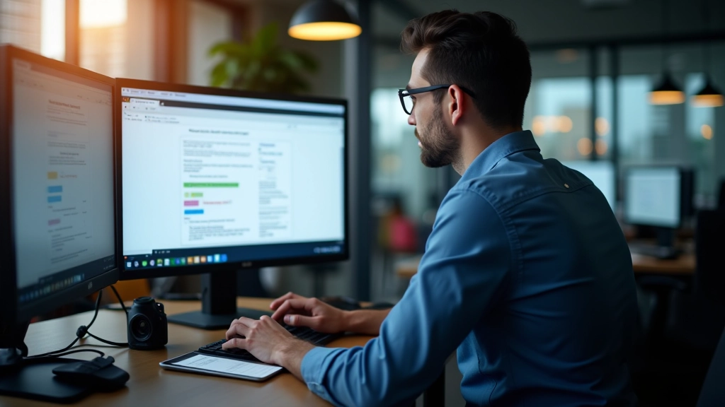 Developer working at standing desk reviewing CSS Grid layout documentation, multiple monitors showing layout diagrams, modern tech office, warm afternoon lighting, upper body shot, sharp focus, no text