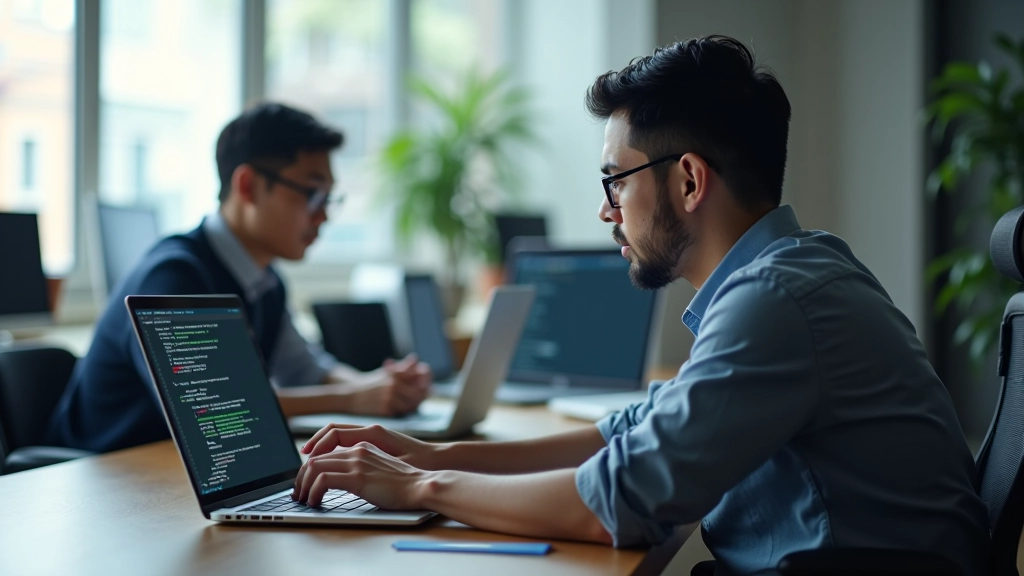 Developer working on responsive typography scaling with CSS clamp function, modern workspace, laptop displaying code, bright natural lighting