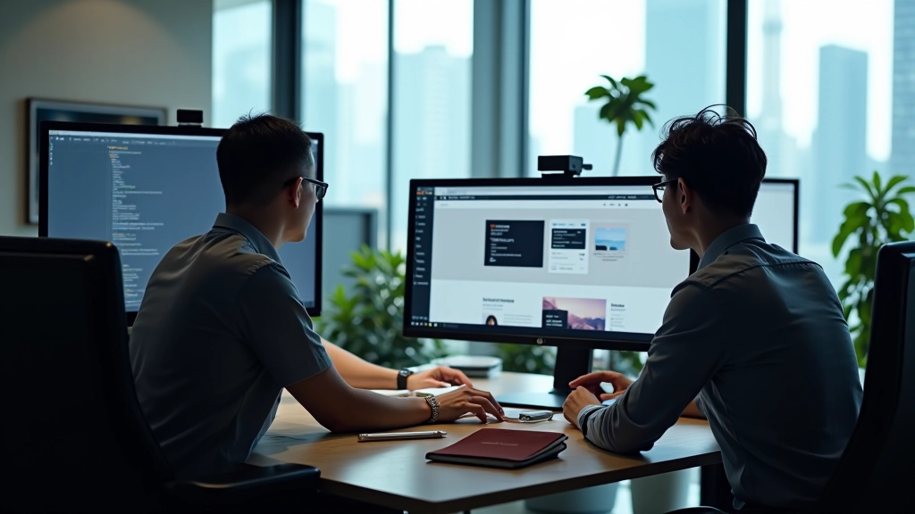 Web design studio with multiple monitors displaying responsive layouts and Hong Kong skyline