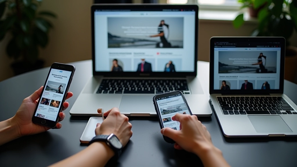 Person testing responsive website on multiple devices simultaneously, smartphone tablet and laptop arranged on workspace, hands pointing at screens, natural daylight, overhead perspective, sharp focus, no watermarks