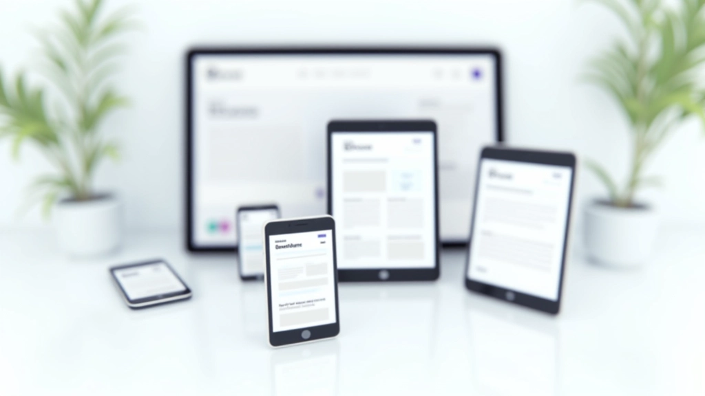 Multiple smartphone devices arranged on white table showing same website at different viewport sizes and breakpoints